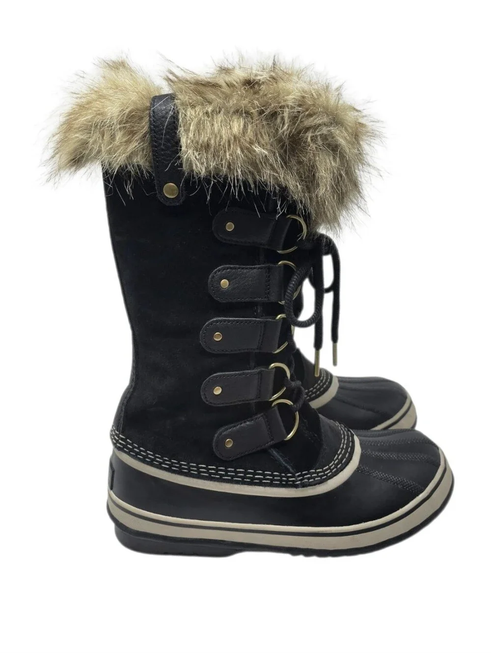 Sorel Joan Of Arctic Winter Boots Faux Fur Trim Lining Black & Tan Women's 8